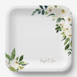 Elegante gepersonaliseerde witte bloemenbruiloft papieren bordje
