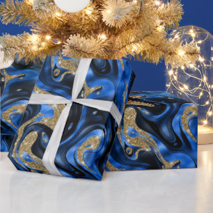 Elegante gesmolten blauw en gouden glitter verjaar cadeaupapier