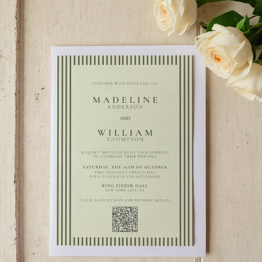Elegante gestripte Sage Green QR Code Wedding Kaart