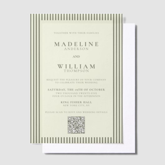 Elegante gestripte Sage Green QR Code Wedding Vellum Uitnodigingen (Offset)