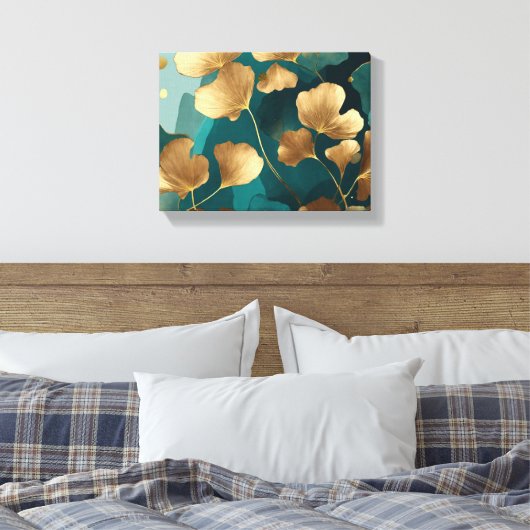 Elegante Ginkgo bladeren goud & blauwgroen Canvas Afdruk (Insitu (Slaapkamer))