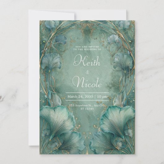 Elegante Ginkgo Leaf Blauwgroen & Gold Wedding Kaart (Voorkant)