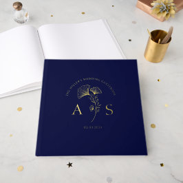 Elegante Ginkgo verlaat Dark Navy bruiloft Folie Gastenboek
