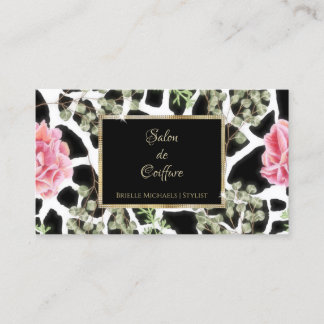 Elegante Giraffe Print Pink Roses Gold Lijst Salon Visitekaartje