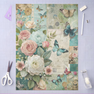 Elegante Girly Blauwgroen Cottagecore Roze Bloemen Tissuepapier