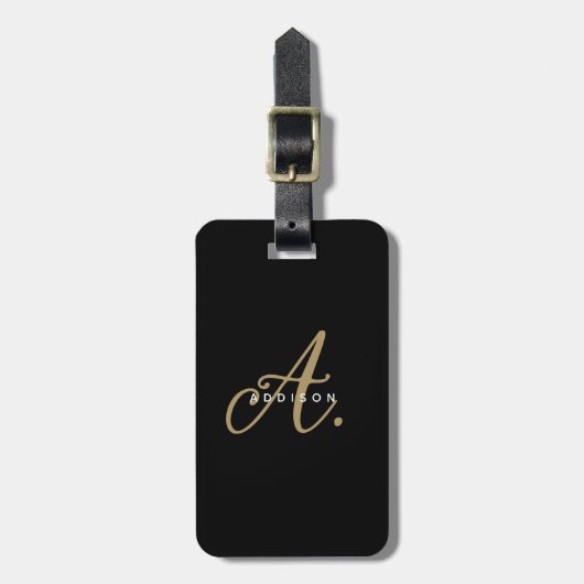 Elegante Girly Chic Zwart Goud Script Monogram Bagagelabel (Voorkant verticaal)