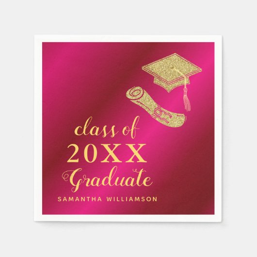Elegante Girly Hot Pink en Gold 2025 Afstuderen Servet (Voorkant)