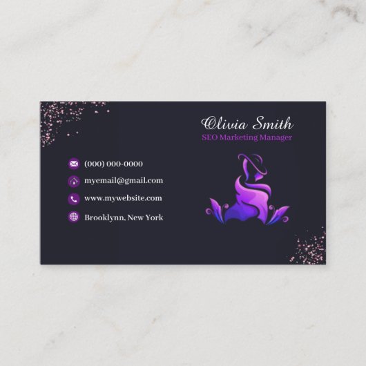 Elegante Girly Paarse Navy Glitter QR-code Visitekaartje (Voorkant)