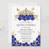 Elegante Glam Blauwe Bloem Gouden Tiara Quinceaner Kaart (Voorkant)