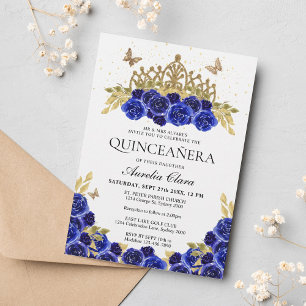 Elegante Glam Blauwe Bloem Gouden Tiara Quinceaner Kaart
