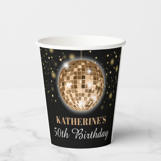 Elegante Glam Zwart Goud 50e Verjaardag Papieren Bekers (Achterkant)
