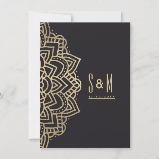 Elegante Glam Zwart Goud Bloemen Mandala Bruiloft Kaart (Achterkant)