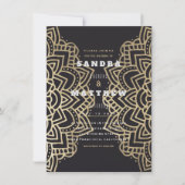 Elegante Glam Zwart Goud Bloemen Mandala Bruiloft Kaart (Voorkant)