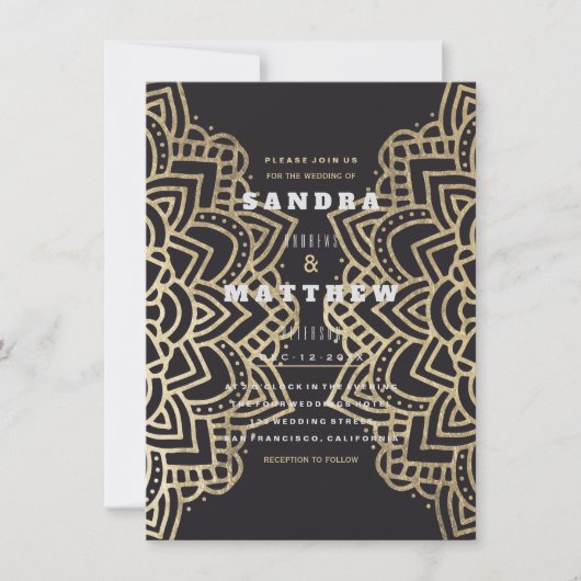 Elegante Glam Zwart Goud Bloemen Mandala Bruiloft Kaart (Voorkant)