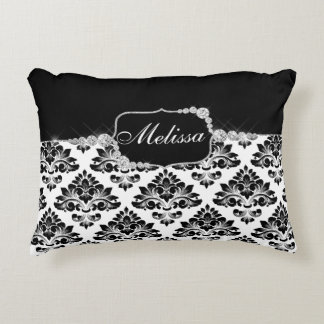 Elegante Glam Zwart Wit Damast Diamanten Accent Kussen