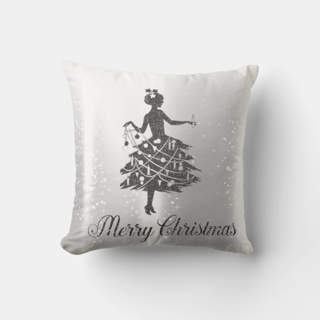 Elegante glanzende zilveren kerstboom meisje kussen (Voorkant)