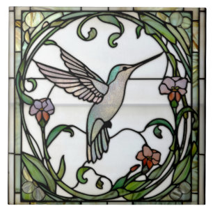 Elegante glas-in-lood art nouveau kolibrie tegeltje