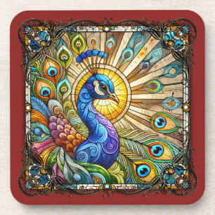 Elegante glas-in-lood pauw Art Nouveau Bier Onderzetter
