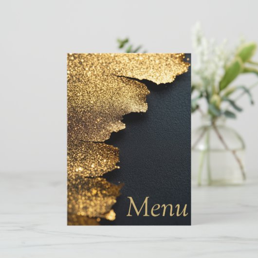 Elegante glinsterende gouden en zwarte menukaart (Staand voorkant)