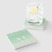 Elegante Glitter Drips Mint Green Monogram Script Stenen Onderzetter (Zijkant)