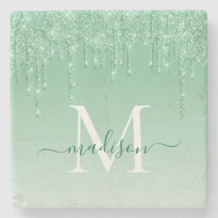 Elegante Glitter Drips Mint Green Monogram Script Stenen Onderzetter