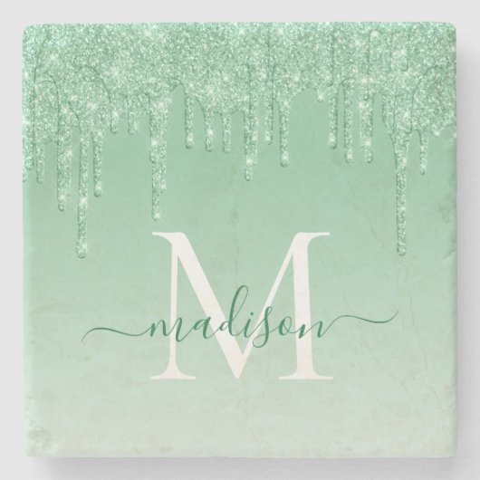 Elegante Glitter Drips Mint Green Monogram Script Stenen Onderzetter (Voorkant)