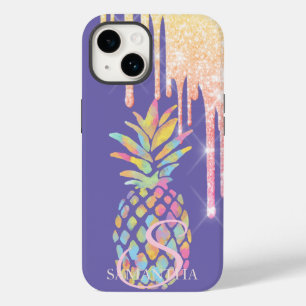 Elegante Glitter Druppels Kleurrijke Ananas Paars Case-Mate iPhone 14 Hoesje