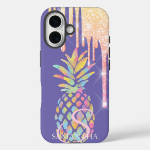 Elegante Glitter Druppels Kleurrijke Ananas Paars iPhone 16 Hoesje
