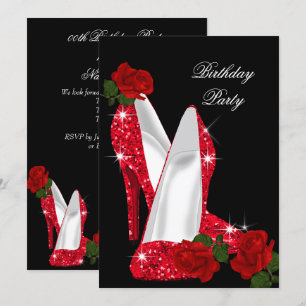 Elegante Glitter Hakken Rood Roos Zwart Verjaardag Kaart