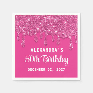 Elegante Glitter Hot Pink Drips 50ste verjaardag Servet