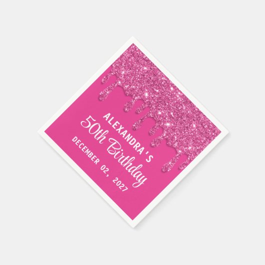 Elegante Glitter Hot Pink Drips 50ste verjaardag Servet (Hoek)