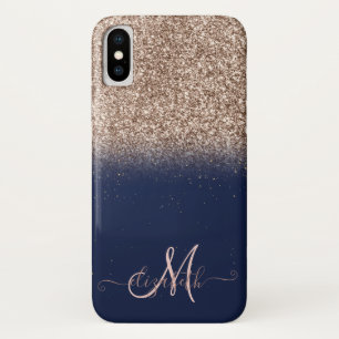 Elegante Glitter Ombre Roze Goud Monogram Navy Bla iPhone X Hoesje