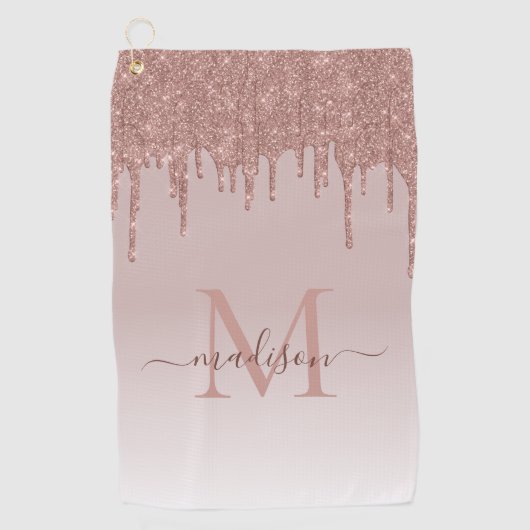 Elegante Glitterdruppels Rose Goud Monogram Script Golfhanddoek (Voorkant)