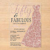 Elegante Glitterjurk | Vijftig & Fabulous Verjaard Acryl Uitnodigingen (Voorkant)