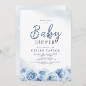 Elegante glitterscript blauwe bloemige babyshower kaart (Voorkant / Achterkant)