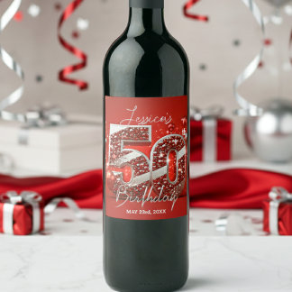 Elegante Glittery Rood en Zilver 50ste Verjaardag Wijn Etiket
