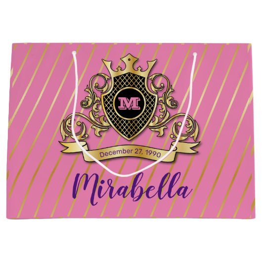 Elegante Gol en Roze Monogram Ontwerp Groot Cadeauzakje (Voorkant)