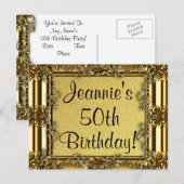 Elégante Gold 50th Birthday Invitation Cartes post (Devant / Derrière)