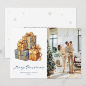 Elégante Gold Blue Photo Joyeuse carte de Noël (Devant / Derrière)