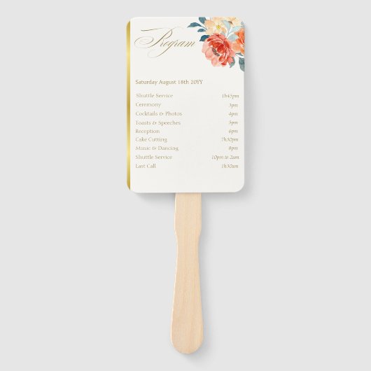 Elegante Gold Blush Floral Script Trouwprogramma Handwaaier (Voorkant)