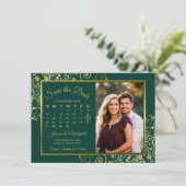 Elegante Gold Curls Emerald Calendar Fotobruiloft Save The Date (Staand voorkant)