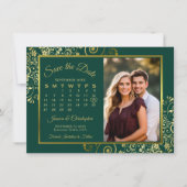 Elegante Gold Curls Emerald Calendar Fotobruiloft Save The Date (Voorkant)