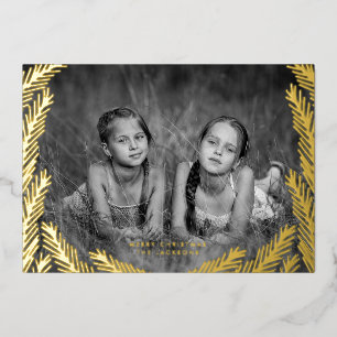 Elegante GOLD Dennenblad Frame Prettig Kerstmis Fo Folie Feestdagenkaart