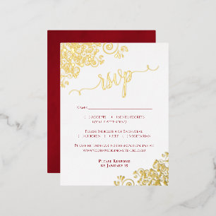 Elegante Gold Foil Crimson Red Wedding RSVP Kaart