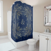 Elegante Gold Foil Look Scrollwork Script op Navy Douchegordijn (In situ)