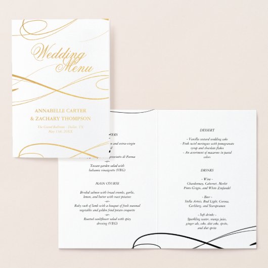 Elegante Gold Foil Swashes Trouwmenu Folie Kaarten (Display)