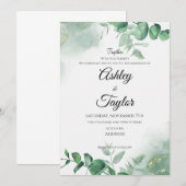 Elegante Gold & Greenery Waterverf bruiloft Kaart (Voorkant / Achterkant)