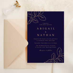 Elegante Gold Leaf & Navy Blue Wedding Kaart