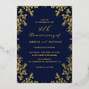 Elegante  Gold Navy 50e Jubileum Party Folie Uitnodiging