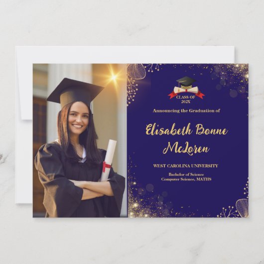 Elegante Gold & Navy Graduation aankondigingen (Voorkant)